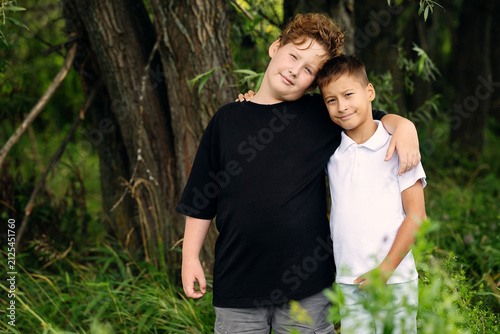 Fotografie Two brothers hugging each other outdoors in summer park