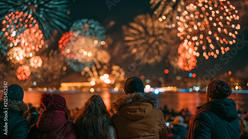 Group of Friends Watching Spectacular Fireworks on New Year's Eve