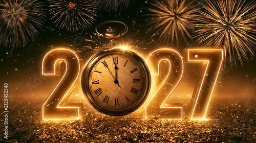 Glowing Golden 2027 Numbers with Vintage Pocket Watch and Fireworks