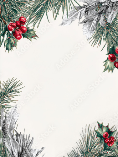 Vintage Christmas Holiday Frame with Holly, Pine, and Berries