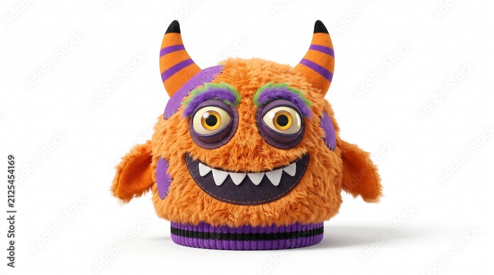 Naklejka premium Cute Fluffy Orange Monster with Big Eyes and Horns