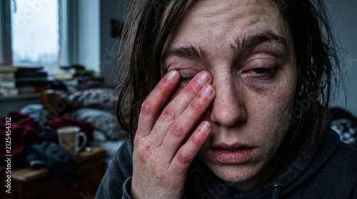 Desperate Woman Rubbing Tired Eyes With Reddened Hand