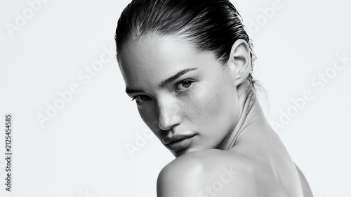 A captivating portrait of a woman showcasing beauty and confidence in black and white.