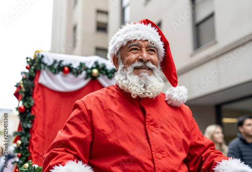 Smiling santa claus with white beard and red hat, christmas holiday celebration and festive season