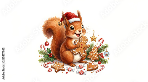 Happy squirrel celebrating Christmas with gingerbread cookies, candy and ornaments, playful expression, premium hand-painted illustration, isolated on white.