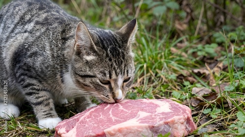 Detailed shot of a gray tabby cat eating a piece of raw red beef steak while standing on green grass in a bright natural outdoor environment with soft sunlight and green leaves.