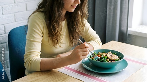 Adult woman in yellow shirt eating a healthy plant based salad with grilled tofu and fresh greens in a blue bowl at a wooden table against a white brick wall background, natural light.