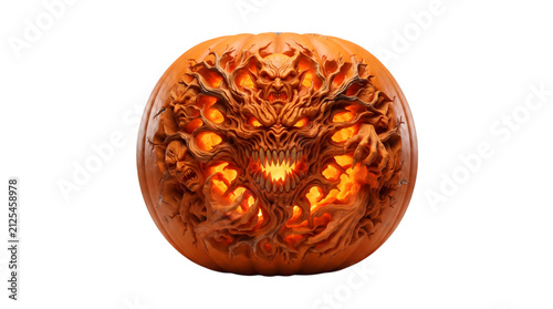 A highly detailed and intricate jack o lantern pumpkin carving featuring a terrifying demonic monster face glowing with bright orange light against a black background