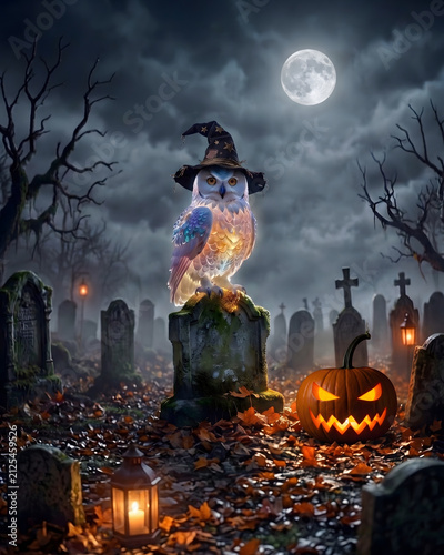 Magical glowing owl with witch hat perched on tombstone in Halloween cemetery.