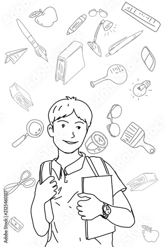 A black-and-white line art illustration with an education theme, featuring a male student in uniform carrying a backpack and holding a book.