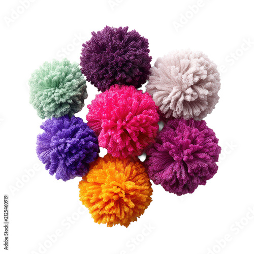 Colorful yarn pom poms set in bright rainbow tones isolated on transparent background