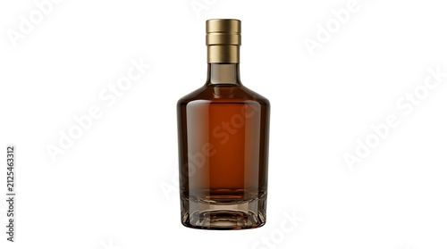 Glass bottle of amber whiskey with a premium gold metal cap isolated on white background