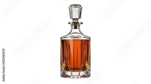 Elegant crystal glass decanter filled with amber whiskey or cognac spirit isolated on white background