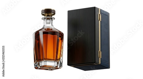 Glass whiskey decanter bottle with amber liquid and a black wooden gift box for premium alcohol storage and luxury branding presentation isolated on white background