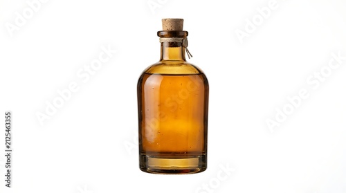 Amber glass bottle with cork stopper filled with organic golden oil or alcohol beverage for premium product packaging design isolated on white background