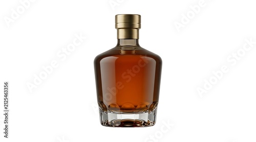 A single glass bottle of dark amber whiskey or cognac with a metallic gold cap isolated on white background