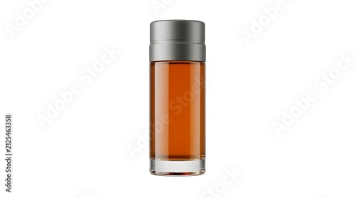 Small glass bottle with brown liquid and grey cap for perfume or cosmetic product isolated on white background