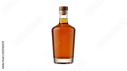 Clear glass bottle filled with golden amber whiskey or rum spirit with a wooden cork stopper isolated on white background