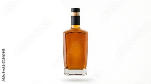 A single glass bottle filled with amber whiskey or bourbon liquor with a black cap and cork stopper isolated on white background