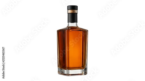 Square glass bottle filled with golden amber whiskey or bourbon liquor with a black cap isolated on white background