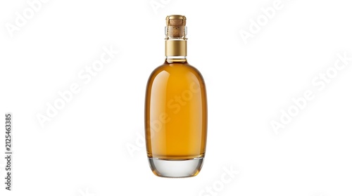 A single glass bottle filled with golden amber whiskey or brandy liquor sealed with a wooden cork topper isolated on white background