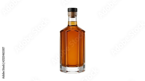 A clear glass bottle filled with amber whiskey or bourbon liquid with a black cap and cork stopper isolated on white background