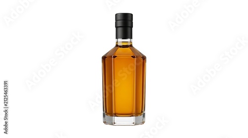 A elegant glass bottle filled with golden amber whiskey or spirit with a black cap isolated on white background