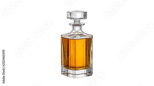 Elegant crystal glass decanter filled with golden amber whiskey or cognac liquor isolated on white background
