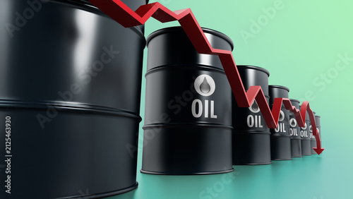 Black oil barrels with red arrow illustrating oil prices falling down. 3D illustration
