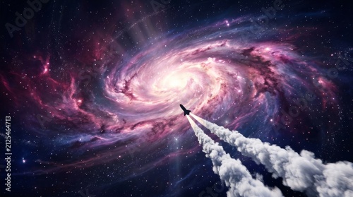 A tiny rocket with twin exhaust plumes traveling toward a cosmic spiral nebula.