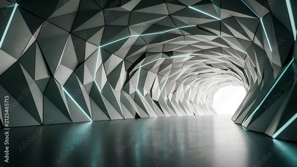 Fototapeta premium Geometric tunnel with glowing neon lines a futuristic 3d rendering