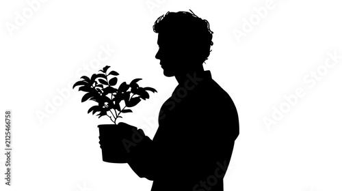 Silhouette of a man holding a potted plant. The man is facing left, and the plant has green leaves