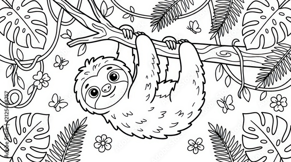 Fototapeta premium Cute sloth hanging on a tree branch. Coloring page for kids with jungle leaves and flowers.