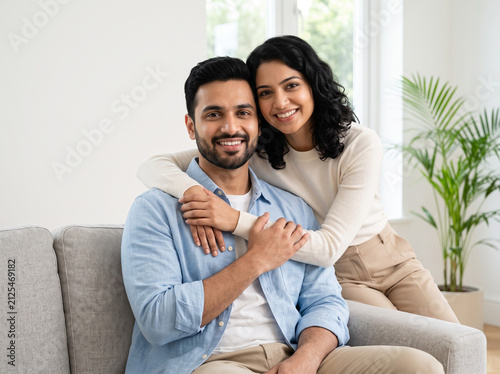 premium young indian couple sharing affectionate embrace on sofa in modern living room representing love trust family relationships home lifestyle and financial security