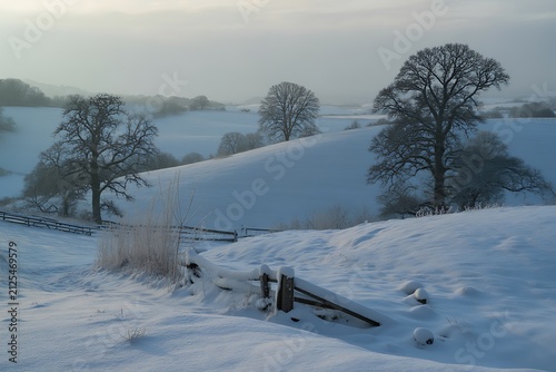 Snow-covered rural fence in serene winter landscape. Peaceful countryside scene with fresh white snowfall and wooden barriers.