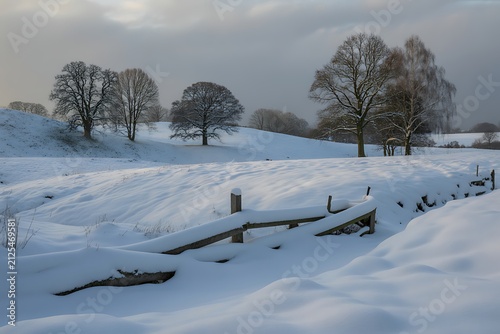 Serene winter countryside landscape with snow-covered fields and trees. Peaceful rural winter scene featuring untouched snow and overcast sky for c...
