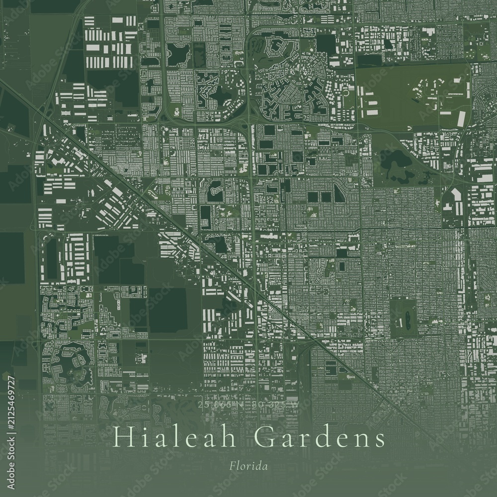 Obraz premium Sage Green Map of Hialeah Gardens, United States | Modern Scandinavian Wall Art