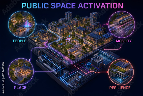 Public Space Activation Infographic - Detailed 3D Visual Guide Explaining Neighborhood systems, transport, public for Education, Presentations, Reports and Professional Training