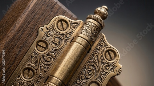 Ornate brass door hinge on wood. Vintage metal hardware detail for home renovation projects.