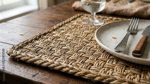 Woven natural fiber placemat on wooden table. Rustic dining setting with ceramic plate.
