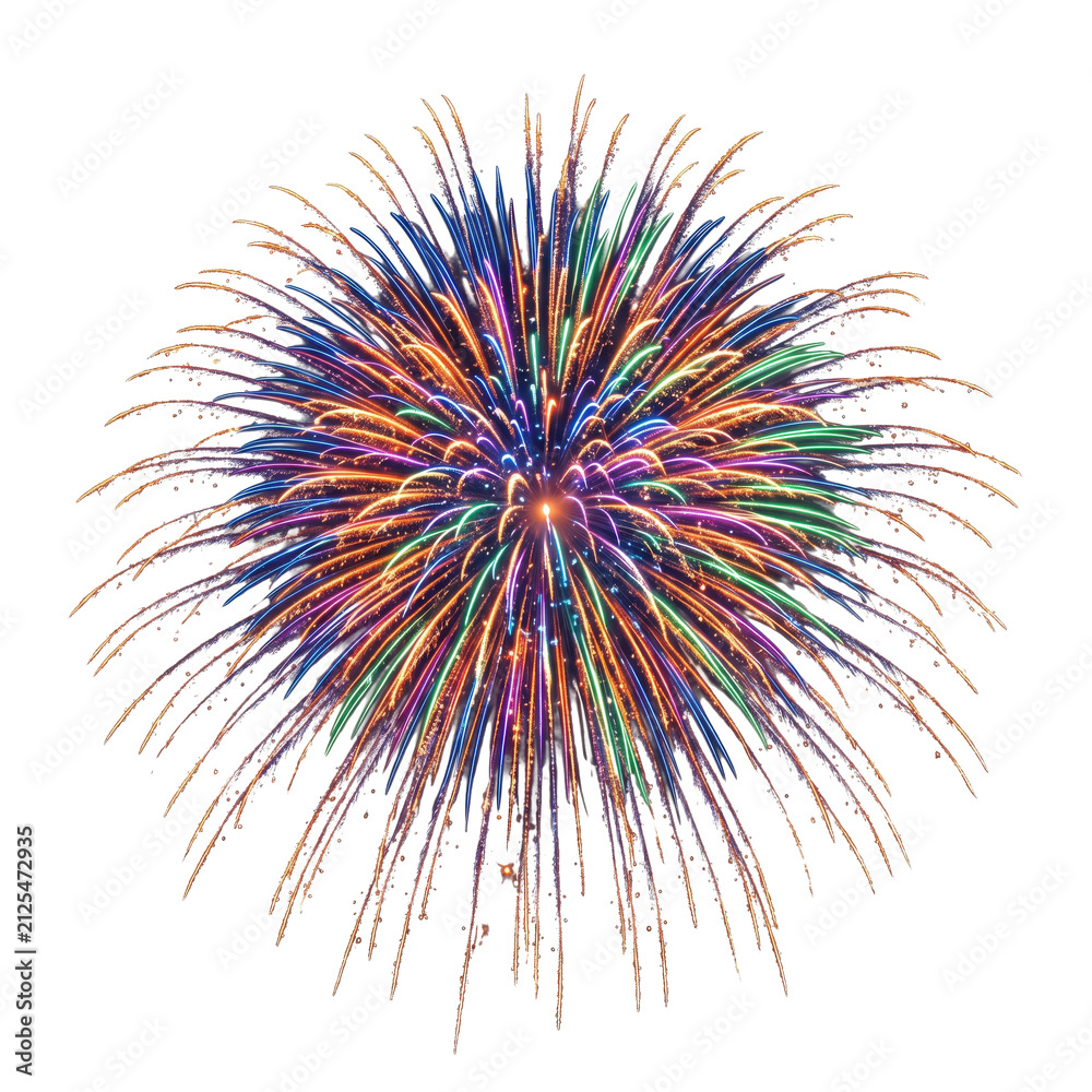 Obraz premium Multicolor circular fireworks explosion bursting with radiating beams on transparent background