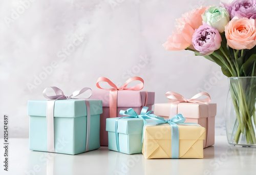 Pastel colored gift boxes w...