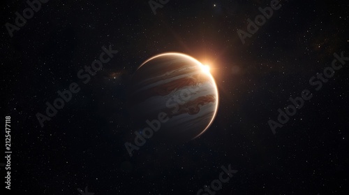 Vast cosmic view of Jupiters planet with sunlit atmosphere and swirling clouds against the backdrop of stars