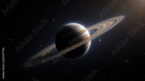 Vast cosmic view of Jupiter with its iconic rings and swirling atmospheric bands against a star-filled night sky