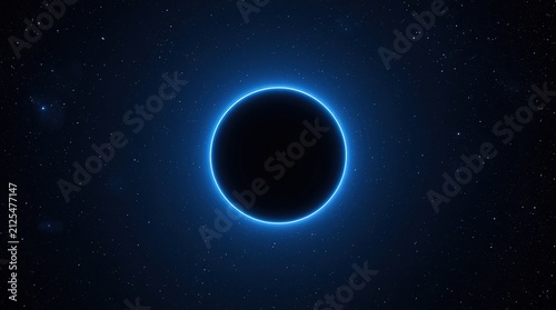 A celestial eclipse with a glowing blue ring against the starry night sky