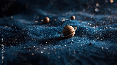 Celestial miniature model of Saturn and rings on textured cosmic surface with glowing stars