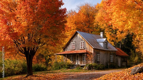 Old wooden house, built in the 1800s, stands among colorful autumn trees in Quebec City's Cap-Rouge.