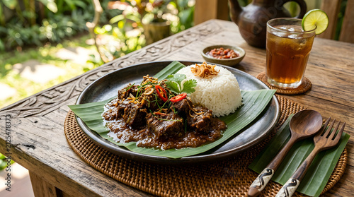 A luxurious plate of authentic Indonesian beef rendang, slow-cooked beef with rich coconut milk, aromatic spices, chili, lemongrass, and herbs. Served with steamed white rice, traditional banana leaf 