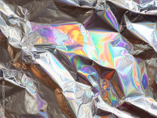 Crinkled holographic metallic foil surface with vibrant rainbow reflections