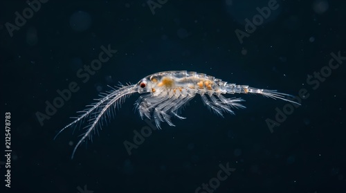 Macro photograph of a tiny translucent marine copepod swimming in dark ocean water.